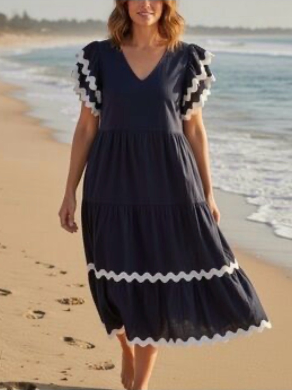 Navy V-Neck Tiered Midi Dress with White Trim Cotten Blue White Large